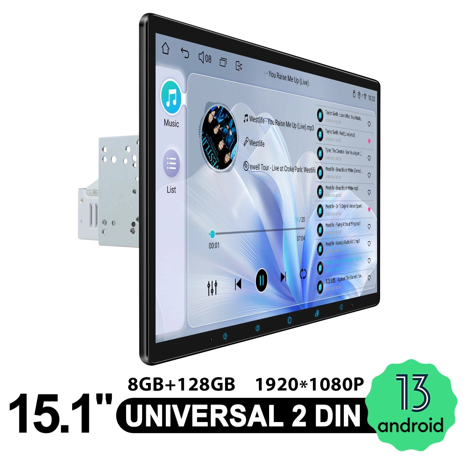 JOYING Lettore multimediale per auto galleggiante HD da 15,1 pollici 8 GB di RAM + 128 GB di ROM Navigazione GPS stereo veloce Android Auto, Apple CarPlay.