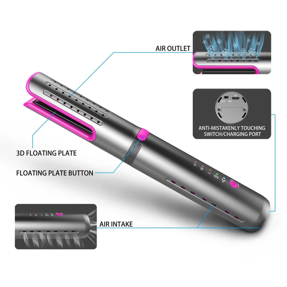 Buon uso Cool Steamer Flusso d'aria Strumenti per lo styling dei capelli Piastra per capelli e bigodino Mini ferro da stiro per capelli portatile USB da viaggio 2 in 1 LED