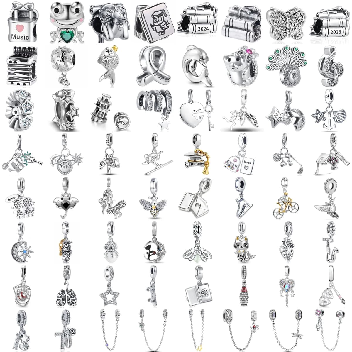 925 Silver Graduation Book Music Note Animal Butterfly Charms Large Hole Beads Fit 2027 Graduation DIY Jewelry Gift