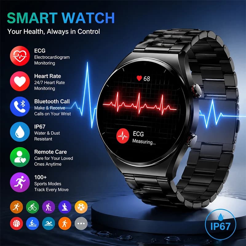 Nuovo Smartwatch ECG 2026 con Monitoraggio della Frequenza Cardiaca, Chiamate Bluetooth, Impermeabile IP67, GPS e Tracciamento del Movimento