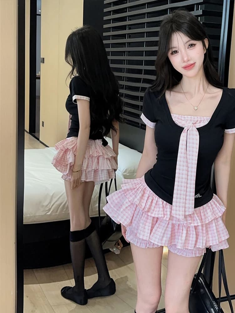 Retro Sweet Knot Splice Short Sleeve T-Shirt Top Puffy Skirt Uniform Set for Young Women Summer Fashion Outfit