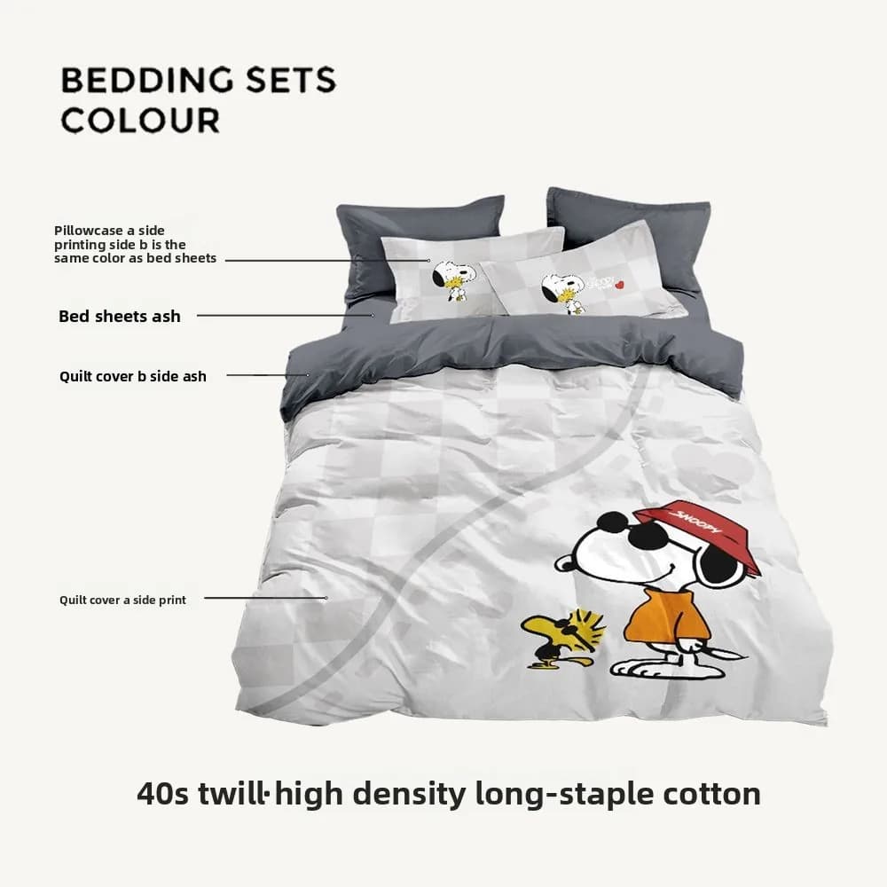 Set di quattro pezzi Snoopy in cotone double face originale 100% cotone Cartoon Lenzuolo per bambini Copripiumino Federa