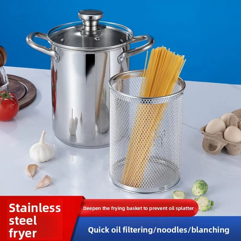 304 Double Bottom Stainless Steel Fryer Household Stock Pot Cooking Pasta Asparagus Deep Pot with Filter Special Pan for Frying