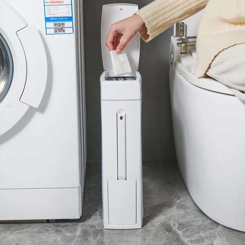 Cestino per Rifiuti in Plastica Stretto con Coperchio, Portarotolo Integrato con Scopino WC a Pressione, Salvaspazio