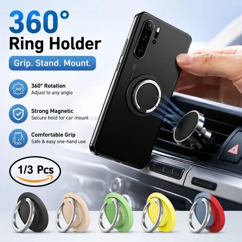 Supporto Magnetico in Metallo per Telefono, Anello Rotante a 360°, Impugnatura Universale, Supporto Portatile per Auto, Pratico