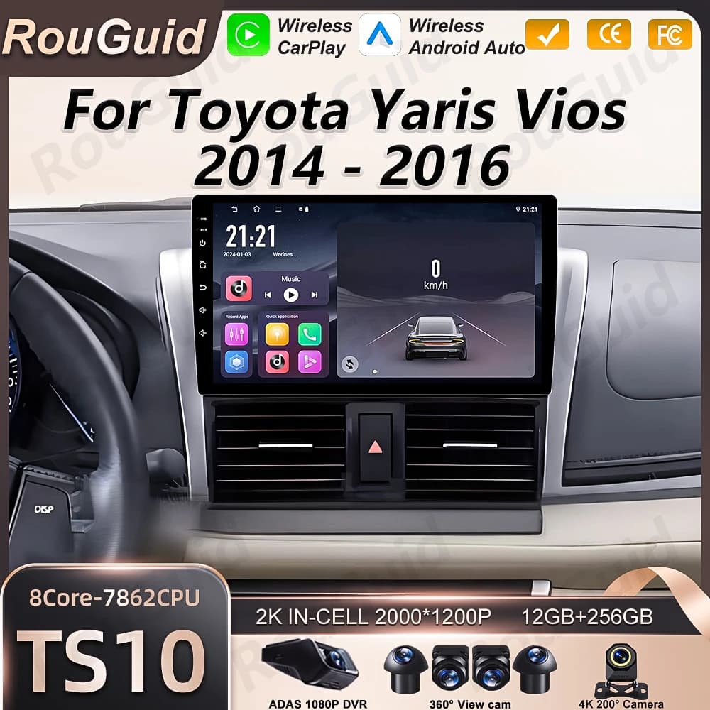 Autoradio Android 16 con Carplay per Toyota Yaris Vios 2014 2015 2016, Lettore Multimediale con Schermo Touch 2K, Bluetooth, Navigazione GPS, DVD