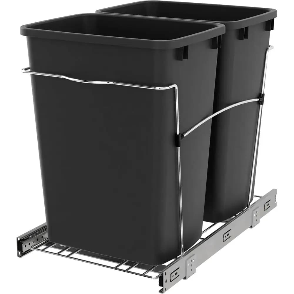 Cestino per rifiuti e riciclo RV-18KD-18C S a doppia estrazione o per mobile cucina, 35 Qt, su guide a scomparsa, Nero