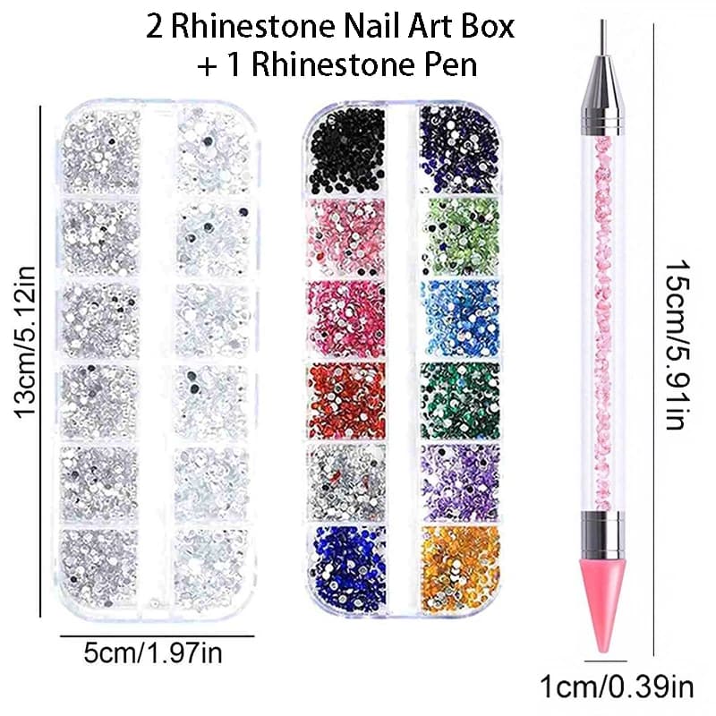 Kit 3 Scatole per nail art con strass Pietre argentate colorate + Penna con strass