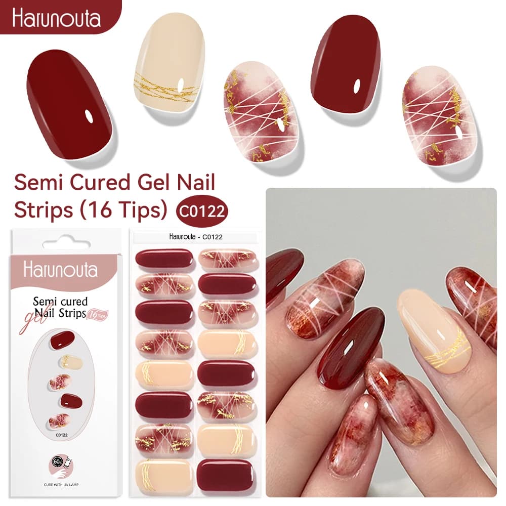 Harunouta 16 Strisce di Gel Semi-Polimerizzato per Unghie con Effetto Marmo Rosso Sfumato e Linee Dorate, Adesivi per Unghie Fai-da-Te Compatibili con UV/LED