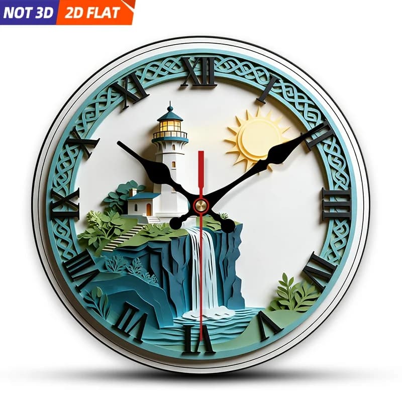 Orologio da parete moderno con faro e cascata - Orologio rotondo in legno silenzioso senza ticchettio, adatto per camera da letto, soggiorno, ufficio