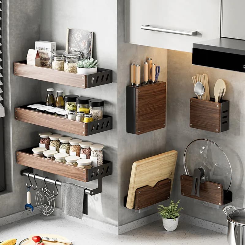 6-7pcs Kitchen Storage Rack Set No-Drill Wood Spice Organizer Wall Mount for Kitchen Save Space One-Stop Solution Wall shelf