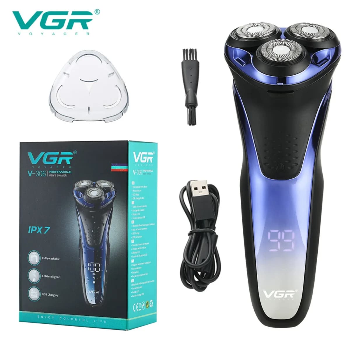 Rasoio Elettrico VGR V-306 - Tagliabarba Elettrico USB a Tre Lame - Regolabarba Lavabile per Uomo
