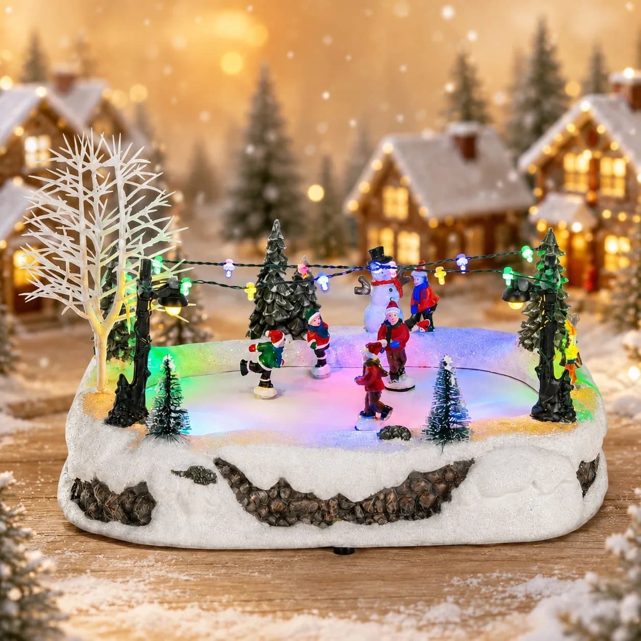 Lighted Christmas Village Decor Ice Skating Rink Figurine USB Powered Winter Village Scene Tabletop Holiday Collectible Decor