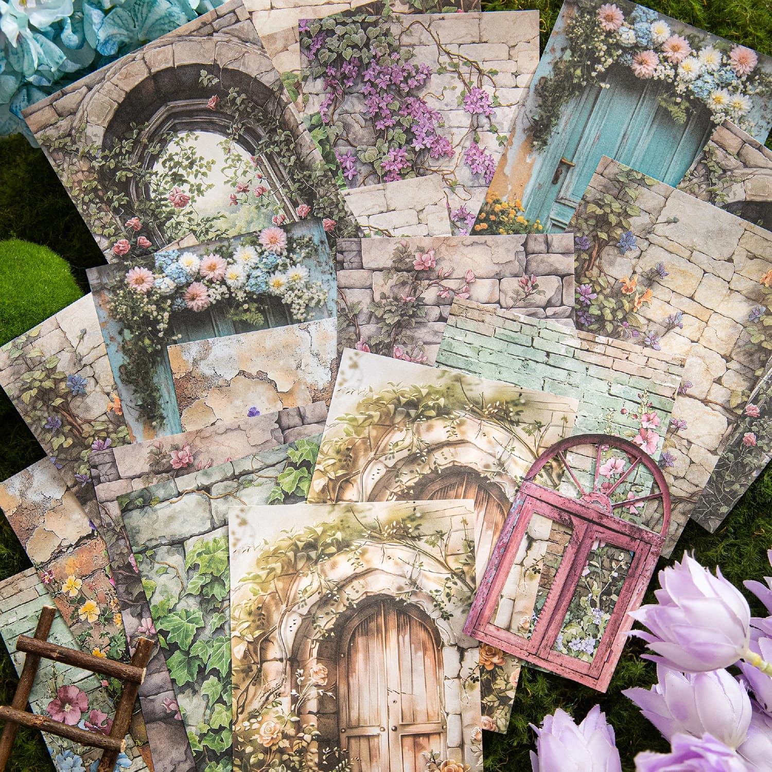 Vintage Garden Door Postcard Set Retro Stone Wall Flower Wisteria Design Decorative Paper for Journal Scrapbooking DIY Craft