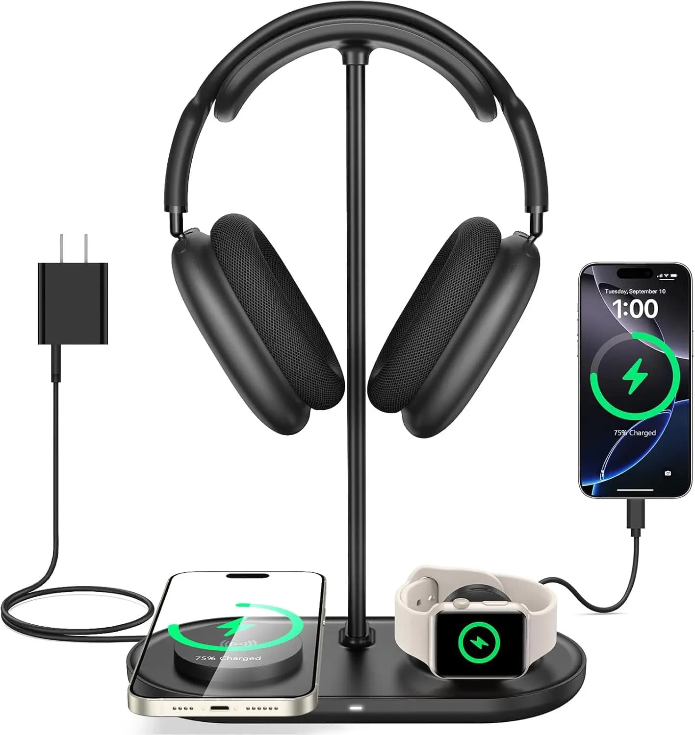 Supporto per cuffie 5 in 1 con caricabatterie wireless e porta USB per iPhone, AirPods, iWatch, Bose, Beats, Razer – Nero