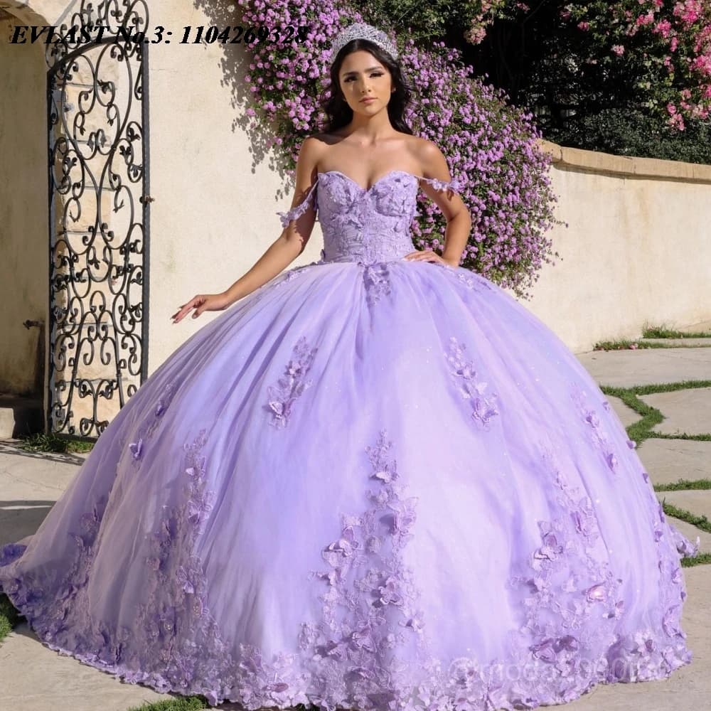 EVLAST Personalizzato Lilla Abito Quinceanera Abito di Sfera Lucido Applique di Pizzo In Rilievo Messico Corsetto Dolce 16 Abiti Da 15 Anos E3Q81