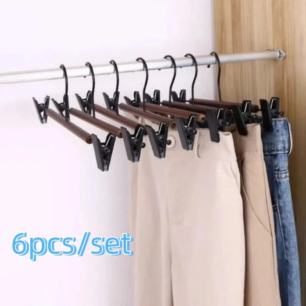 Set di 6 Appendiabiti Regolabili in Legno per Pantaloni, Antiscivolo, Salvaspazio, Antivento con Clip, Stendibiancheria per Hotel