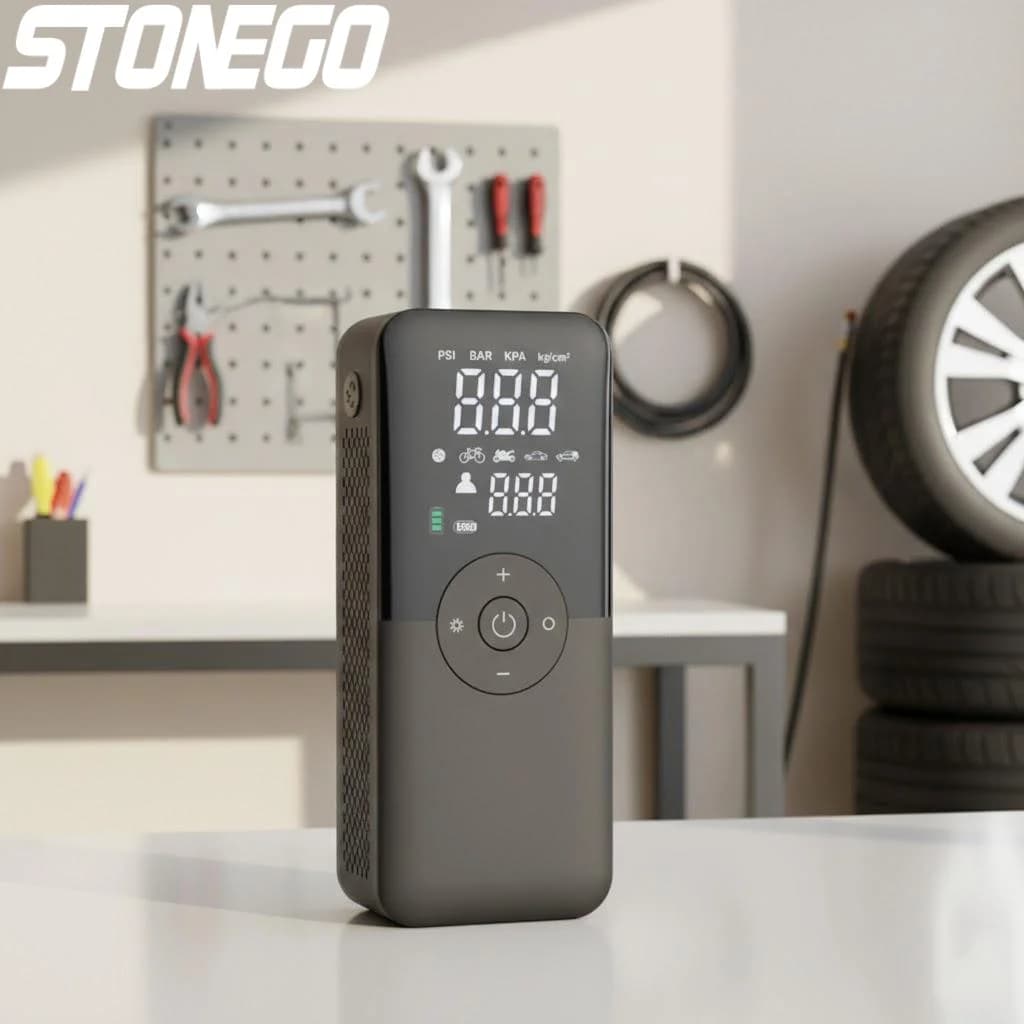 Pompa d'Aria Digitale per Auto, Moto e Biciclette, Gonfiatore Pneumatici Ricaricabile, Compressore Portatile Senza Fili per Gonfiare Palloni e Pneumatici