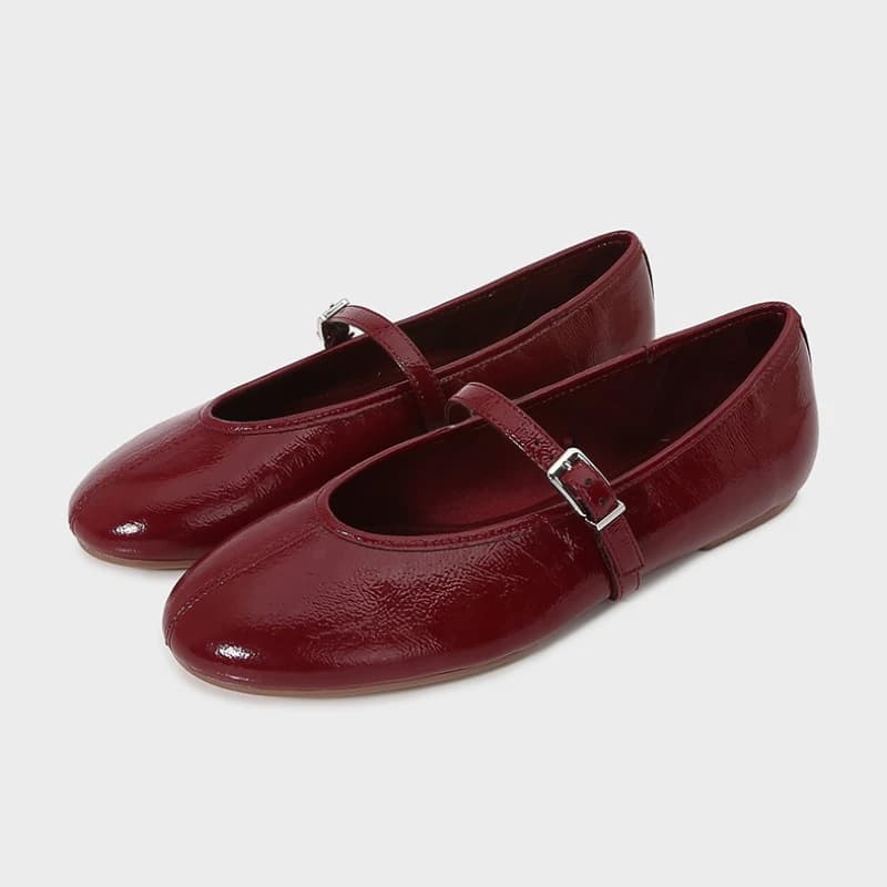 Mary Jane Red Women's PU Leather Moccasins with Buckle Strap, Elegant Low Shoes Retro for Spring Autumn Streetwear