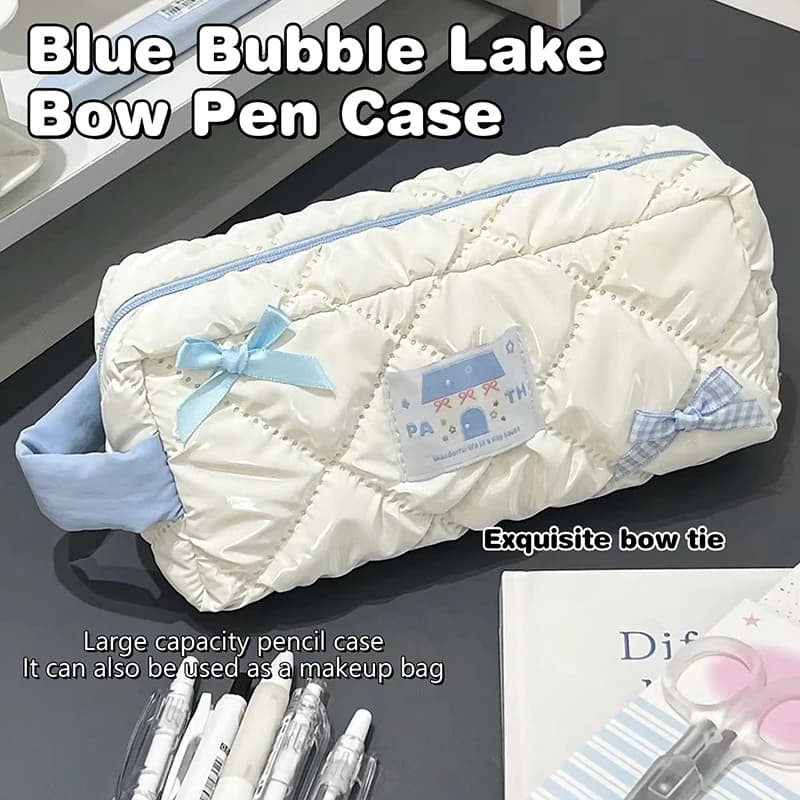 Astuccio Blu e Bianco con Fiocco, Grande Capacità, Borsa Carina per Cancelleria, Borsa da Viaggio per Cosmetici da Ragazza