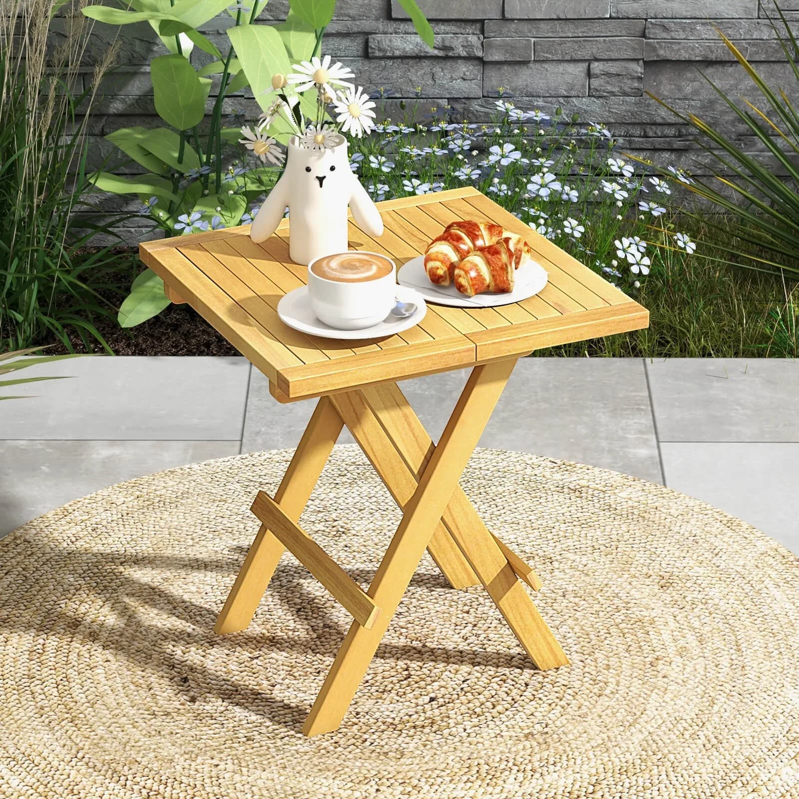 Tavolino pieghevole da patio con gambe a X e piano scanalato per esterni e giardino