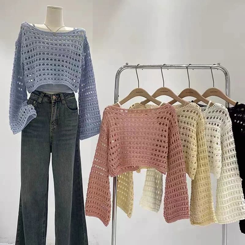 Top in Long Sleeved Crochet Summer Beach Bikini Cover Up Crop Pullover Wool Knitwear Holiday Boho Outfit