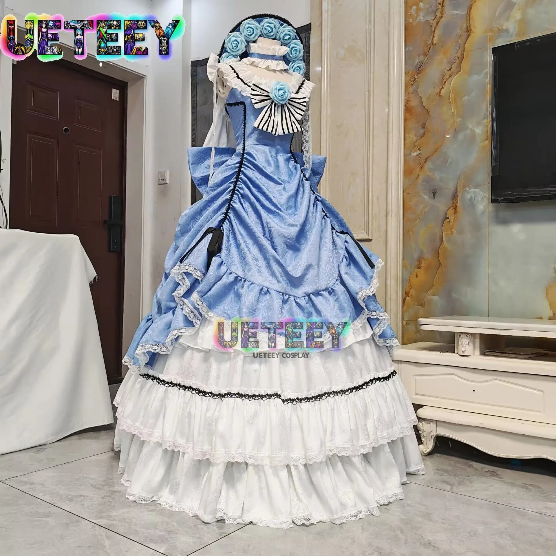 UETEEY COS Ciel Phantomhive Robin Sky Blue Shadow Costume in Tessuto per Cosplay, Costume di Halloween su Misura