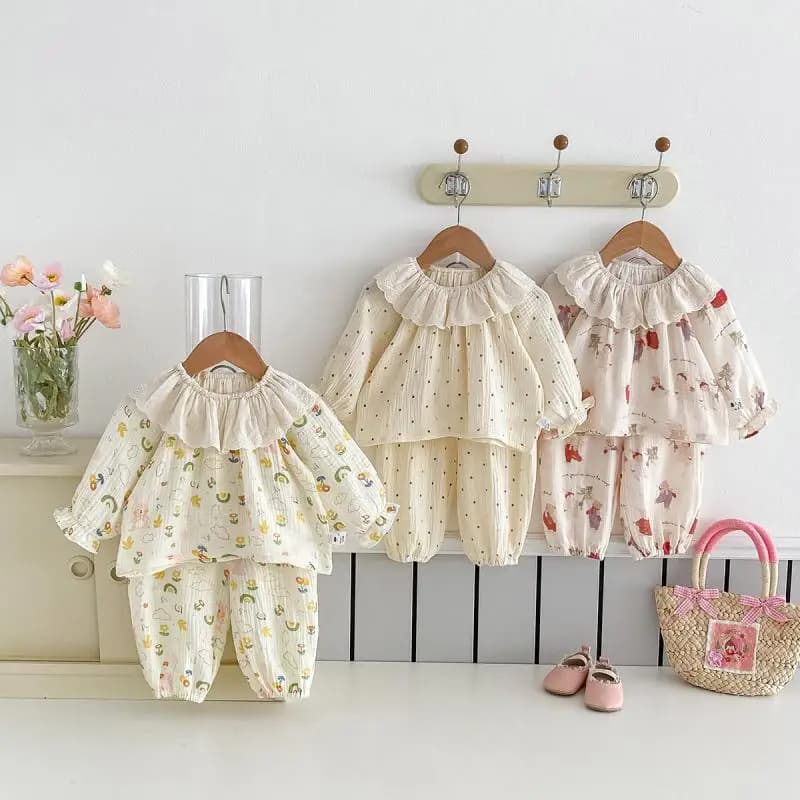 Spring Autumn Baby Girl Home Clothing Set Cute Printed Pajamas New Baby Long Sleeve Top Pants Matching Casual Kids Pajamas