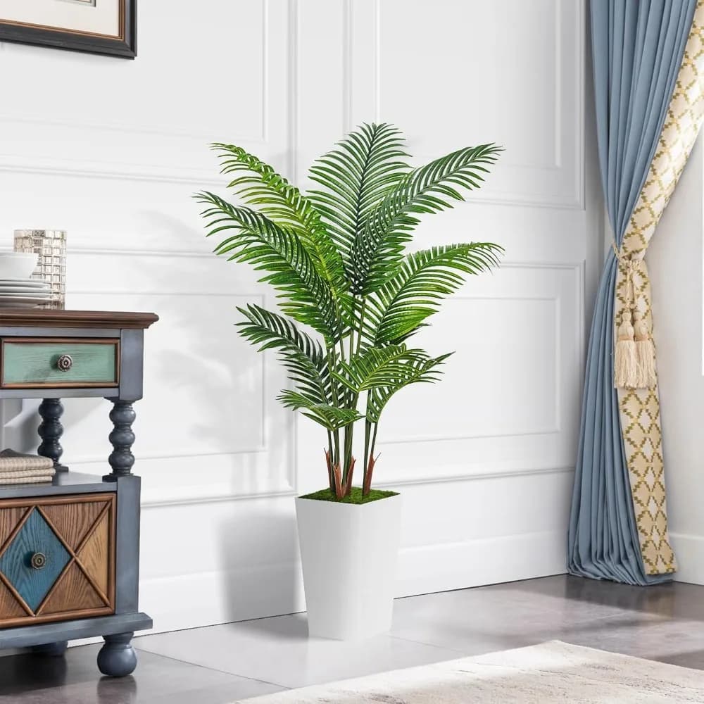 5 Foot Artificial Palm - Fake Tree with White High Planter - Artificial Silk Plant