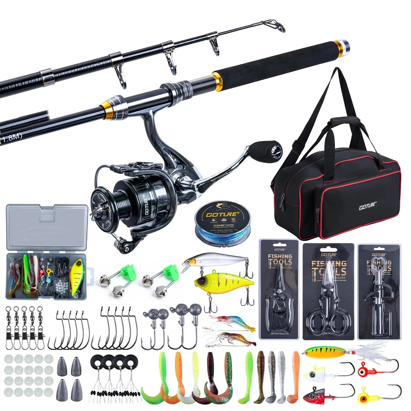 Goture Telescopic fishing rod and reel Combo 1.8M-2.7M Telescopic fishing rod 5.2:1 Set of spinning reel baits with bag