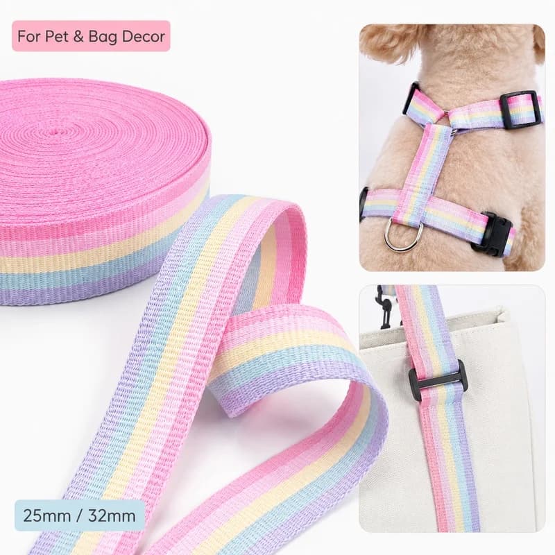 5/10M 25/32mm Rainbow Nylon Webbing Strap Pet Collar Ribbon Dog Leash Band Harness Decorative Braid DIY Sewing Trim Supplies