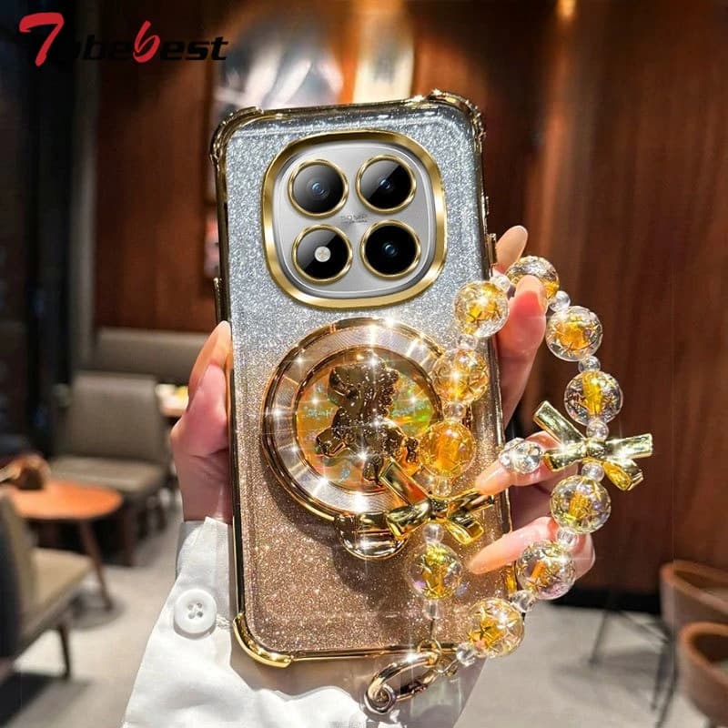 Custodia Glitter Antiurto Placcata con Supporto a Pony e Braccialetto di Perline per Xiaomi Redmi Note 15 14 14S 13 12 11 10 9 Pro Plus 4G 5G