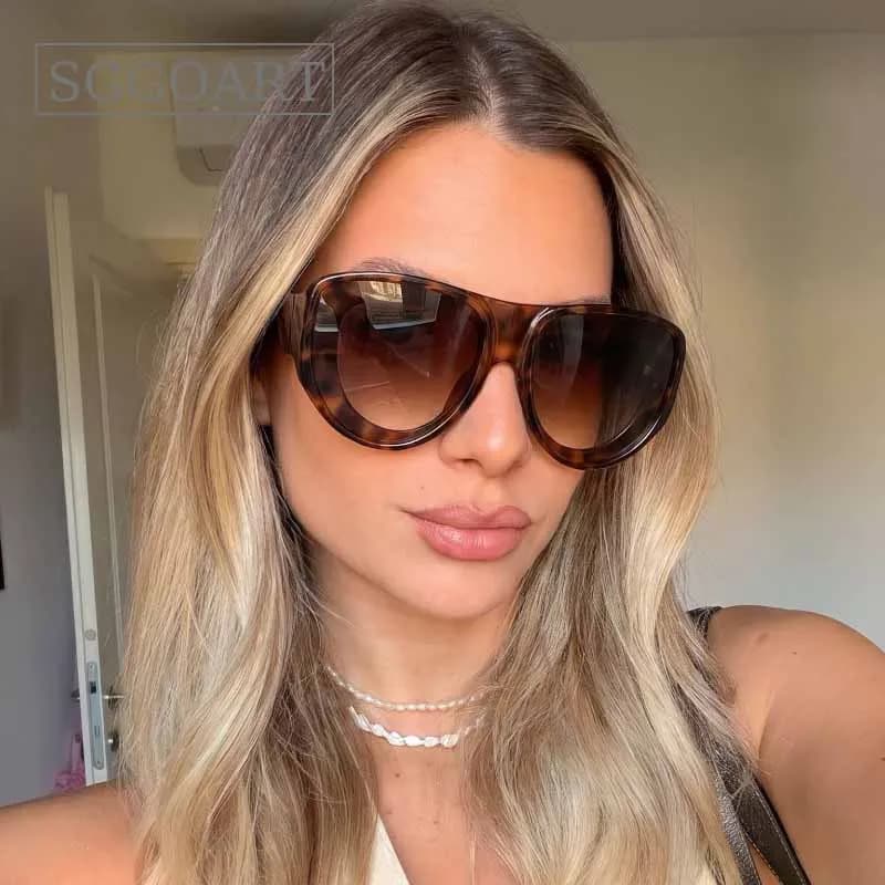 Oversized Oval Pilot Sunglasses Women Fashion Luxury Big Frame Shield Gradient Tea Driving Goggles Retro Trendy Thick Shades