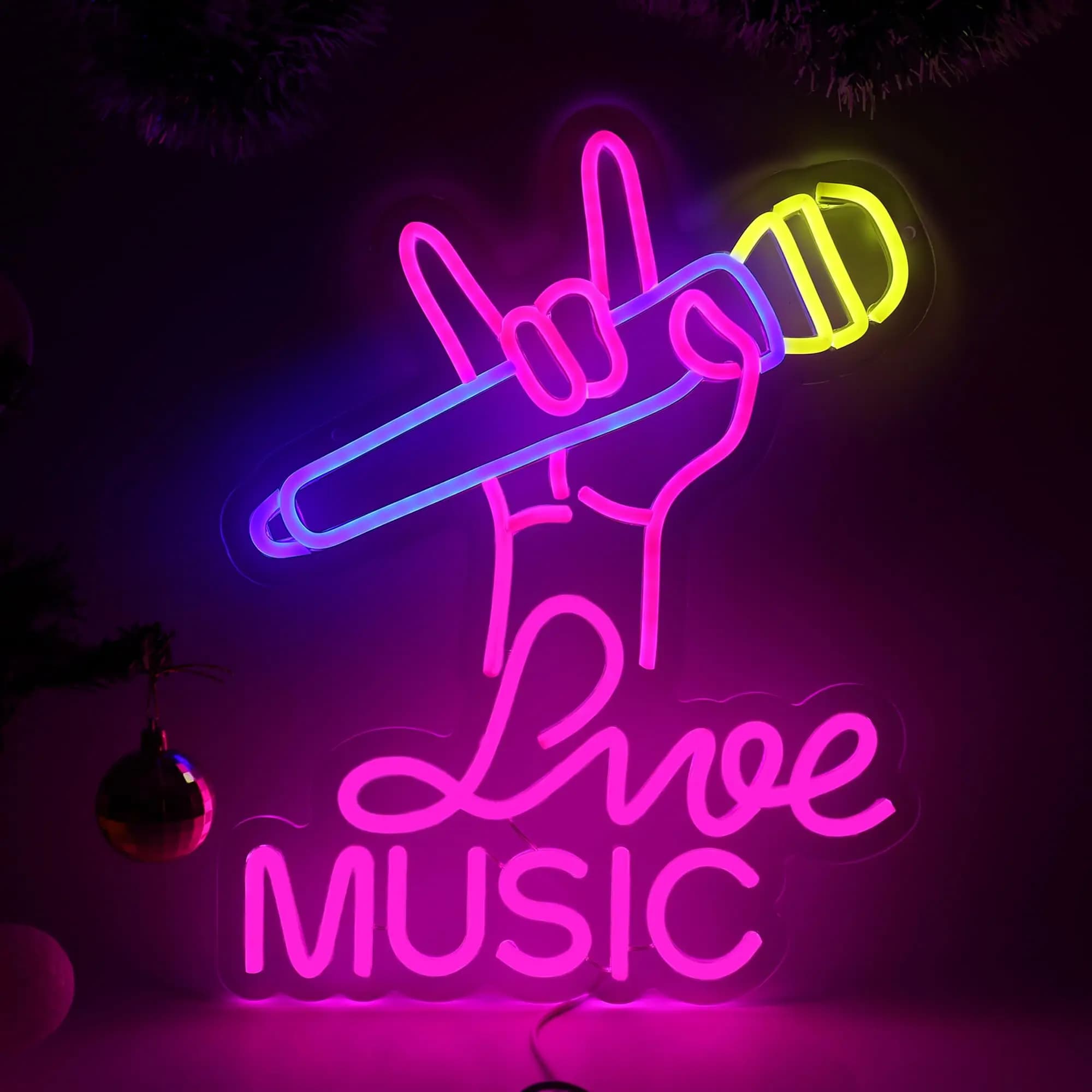 Musica dal vivo Insegna al neon Microfono Luce a LED Decorazione da parete Scena musicale Camera da letto Decorazione per feste Regalo per i fan