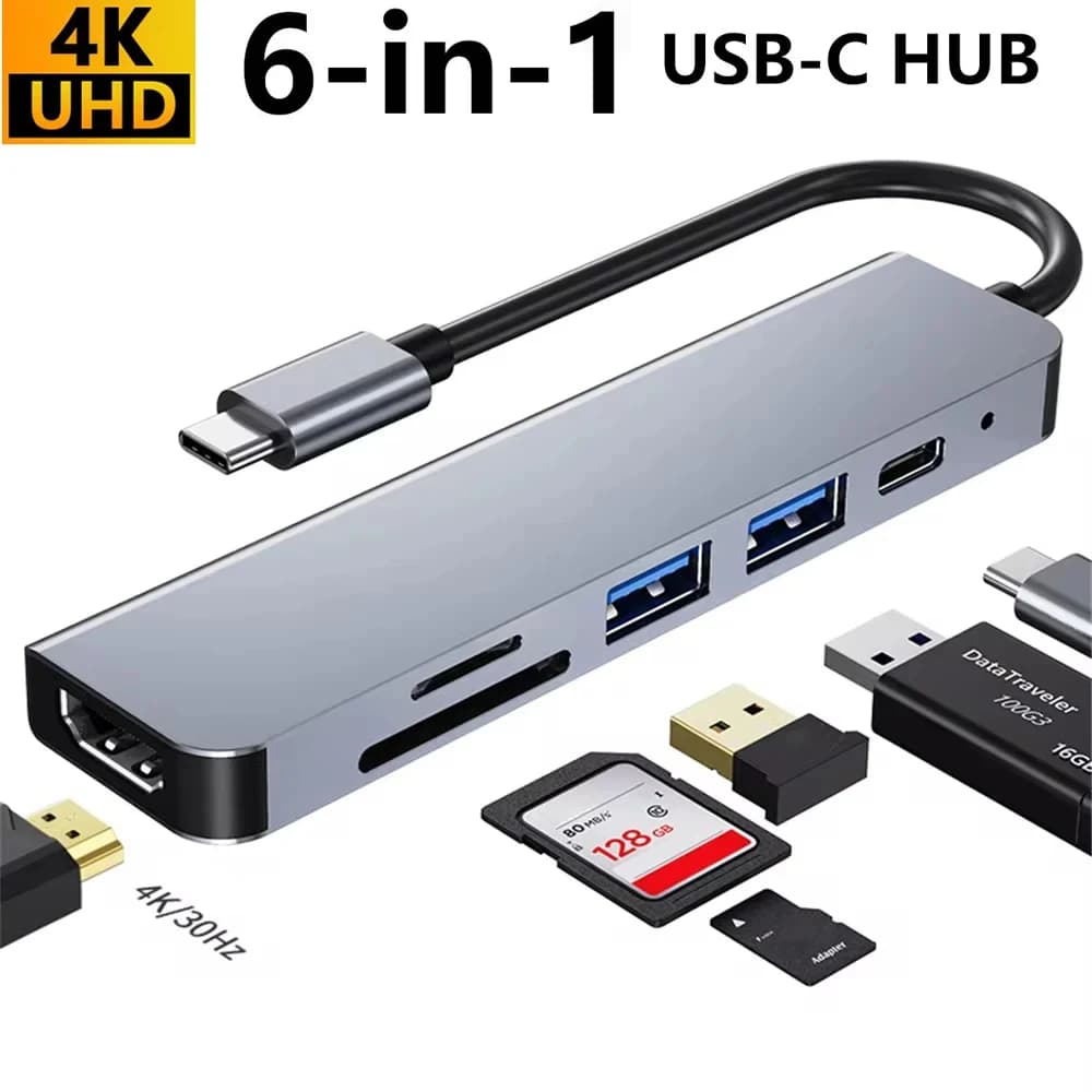 6 in 1 Type-C HUB 4K HDMI-Compatible Dock SD/TF Card Reader for MacBook Pro Nintendo Switch Notebook USB-C 3.0 Multiport Adapter
