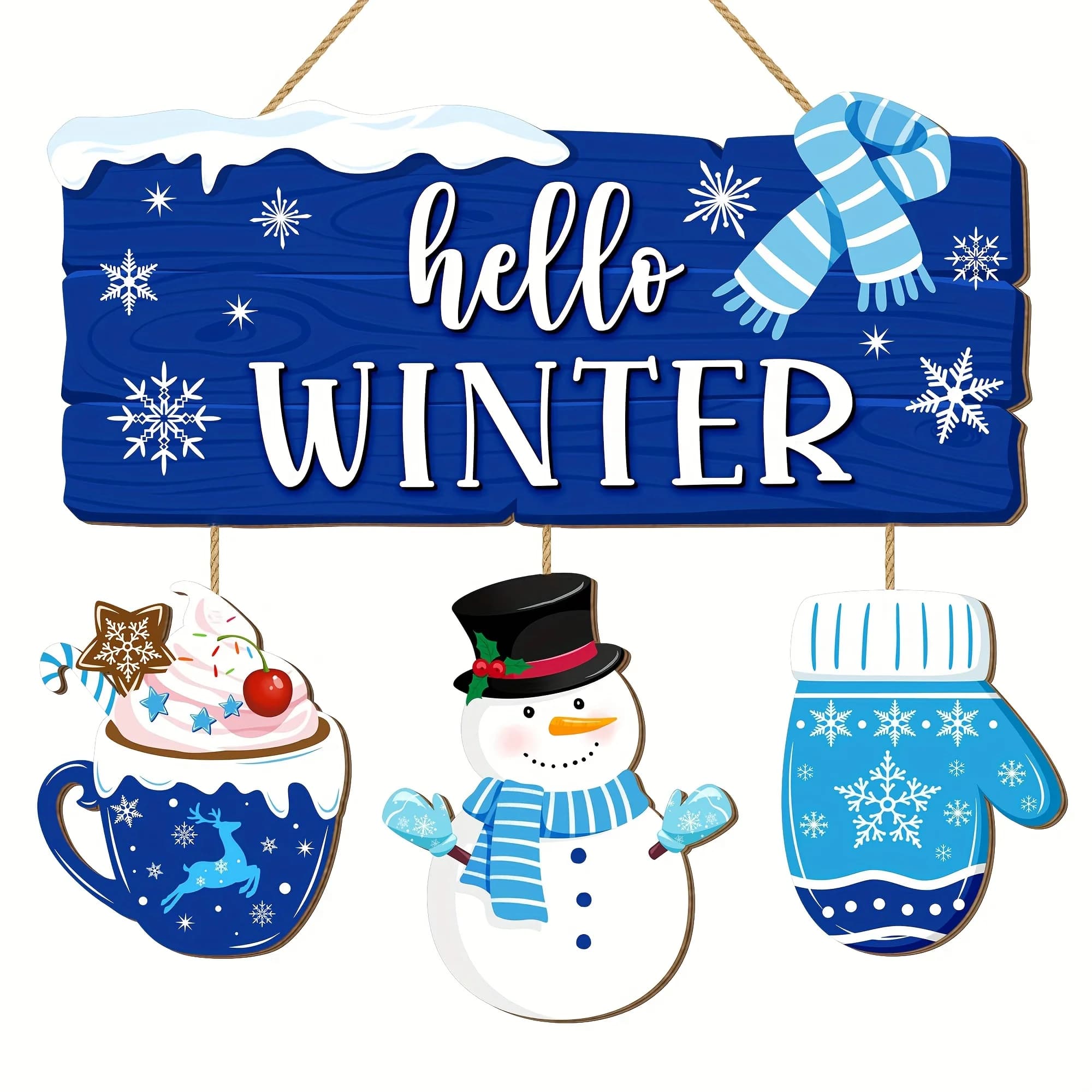 2D Flat Christmas Wooden Plaque Winter Snowman Wooden Hanging Blue Glove Scarf Snowflake Rural Design Celebrating Winter Decor