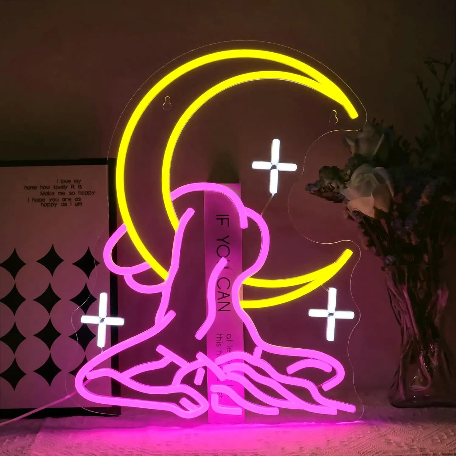 Yoga Meditation Neon Sign Woman Moon Stars LED Zen Wall Light for Yoga Room Bedroom Spiritual Boho Aesthetic Decor Birthday Gift