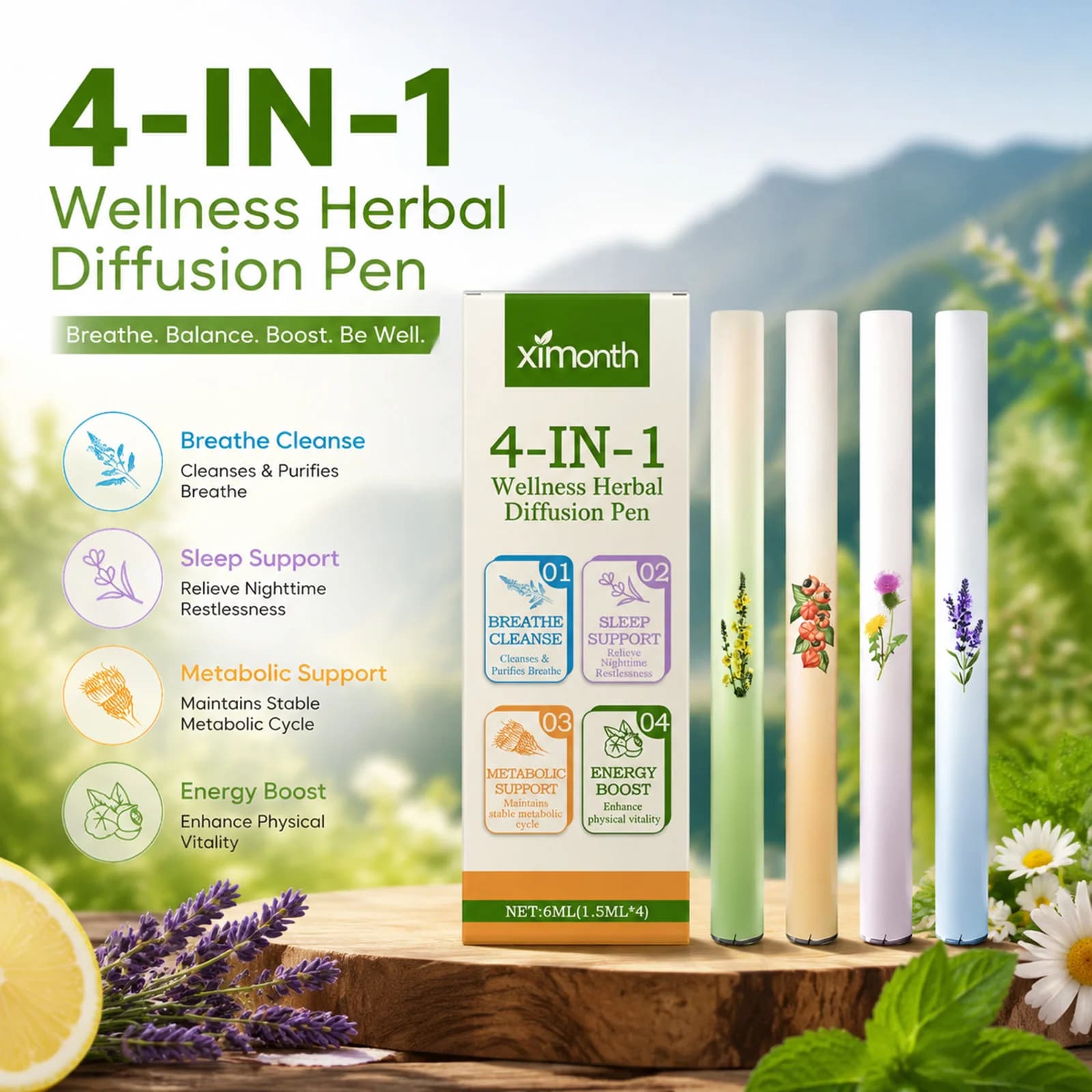4-In-1 Herbal Essence Diffuser Pen Set Natural Herbal Aromatherapy Pen Clear Breathing Sleep Support Energy Boost