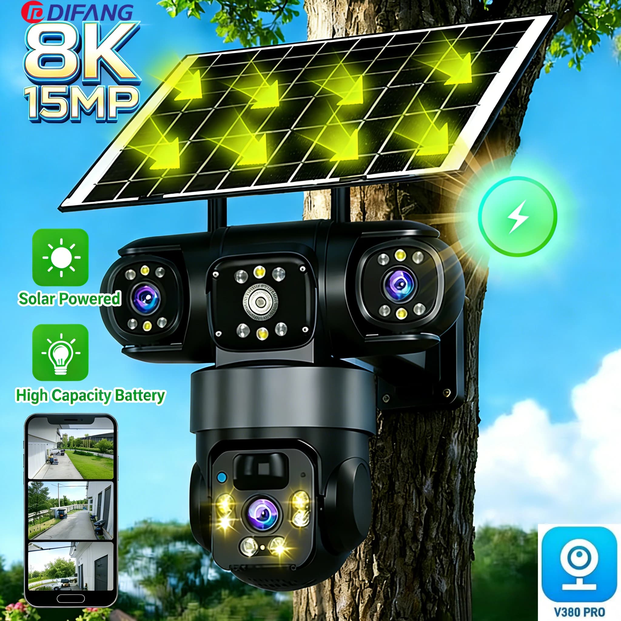 Telecamera di sicurezza WiFi solare, CCTV PTZ a triplo schermo V380 Pro, tracciamento automatico AI, telecamera solare wireless esterna impermeabile