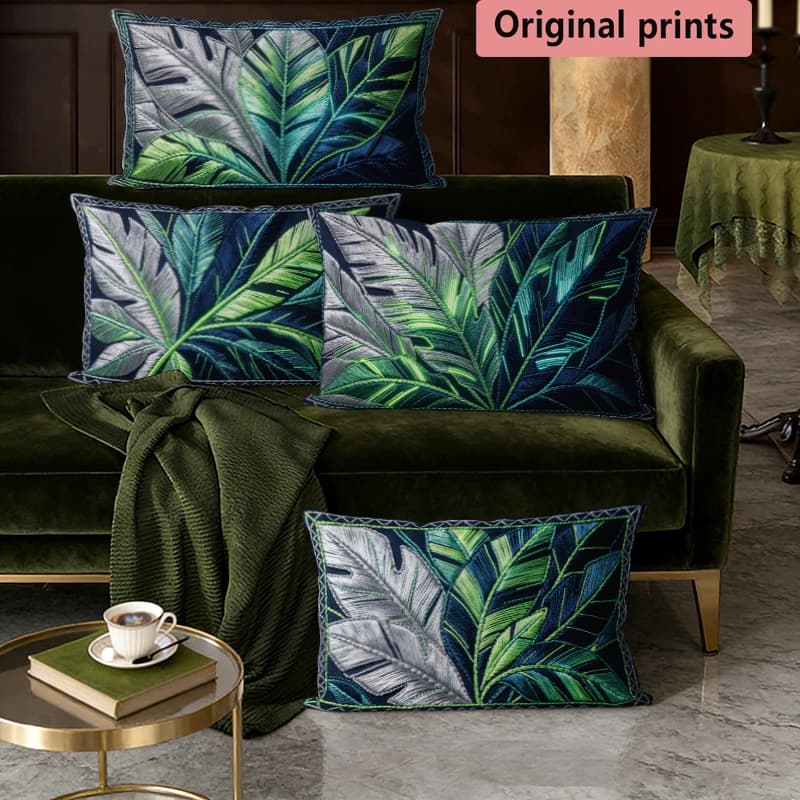 Tropical Palm Leaves Embroidery Pillow Cover Suitable For Sofa Bedroom Car Cushion Rectangular Back Cushion