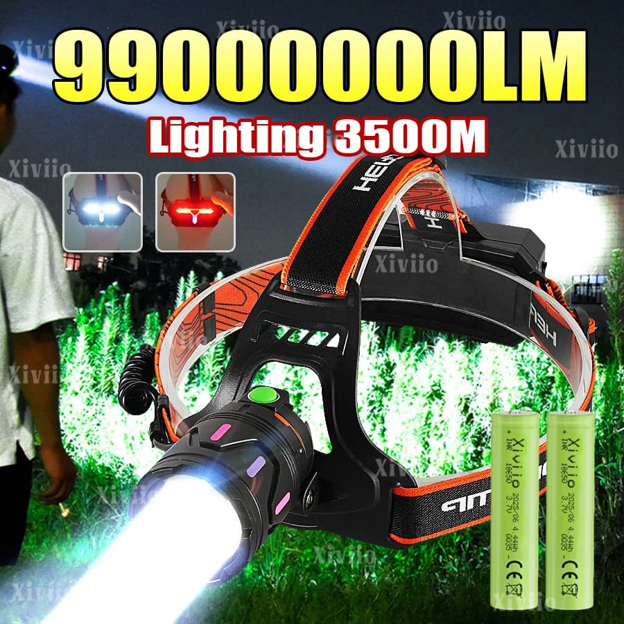 Torcia Frontale Super Potente 99000000LM, Luce Intensa per Esterni, Ricaricabile, LED con Zoom, Lanterna da Campeggio