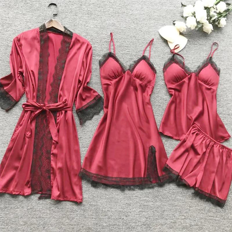 Summer European and American sexy underwear women's pajamas dresses four-piece suspender skirt bathrobe set going out outfits dresses