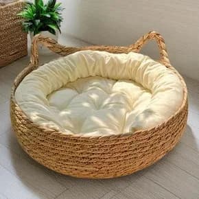 Cestino per gatti con tessitura in rattan con morbido cuscino Design a ciambella rotonda Accogliente nido per dormire caldo e confortevole per gatti e cani
