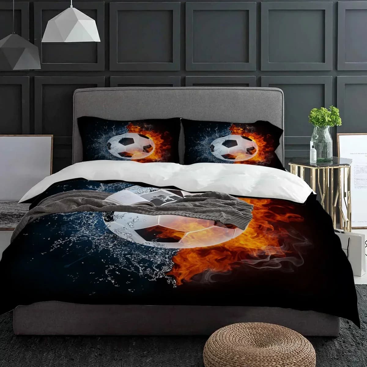 Football Ball Sports Fire Water Set of football bedding 3 pieces Copripiumino Federa Copripiumino Set of double bed Textiles for the house