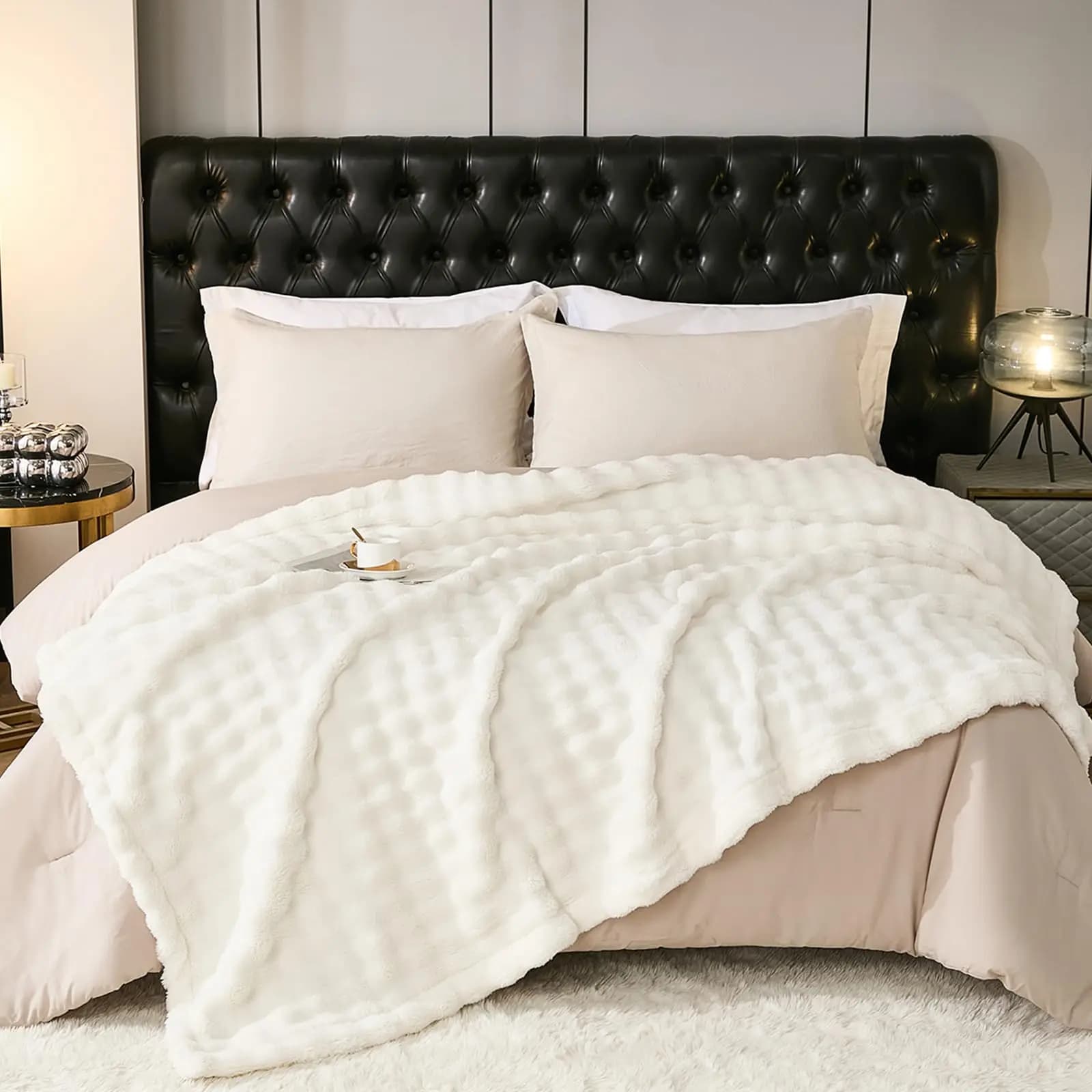 Coperta soffice a bolle di lusso bianca per divano Coperte in peluche Coperta accogliente per biancheria da letto, morbida coperta sfocata calda per uso in tutte le stagioni