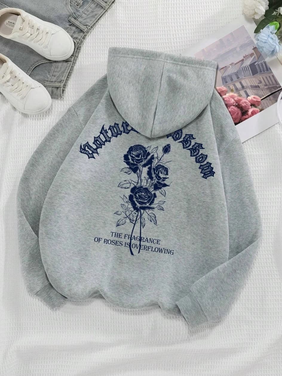 Fashion Women Hoodies Vintage Letters & Flowers Printed Sweatshirts Spring Crewneck Pullover Loose Fleece Female Tops Clothes