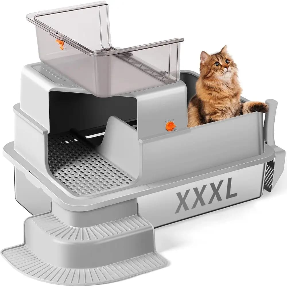 Lettiera per gatti in acciaio inossidabile XXXL, 71x51x46 cm, extra grande, completamente chiusa, con bordi alti, griglia filtrante, gradino e paletta