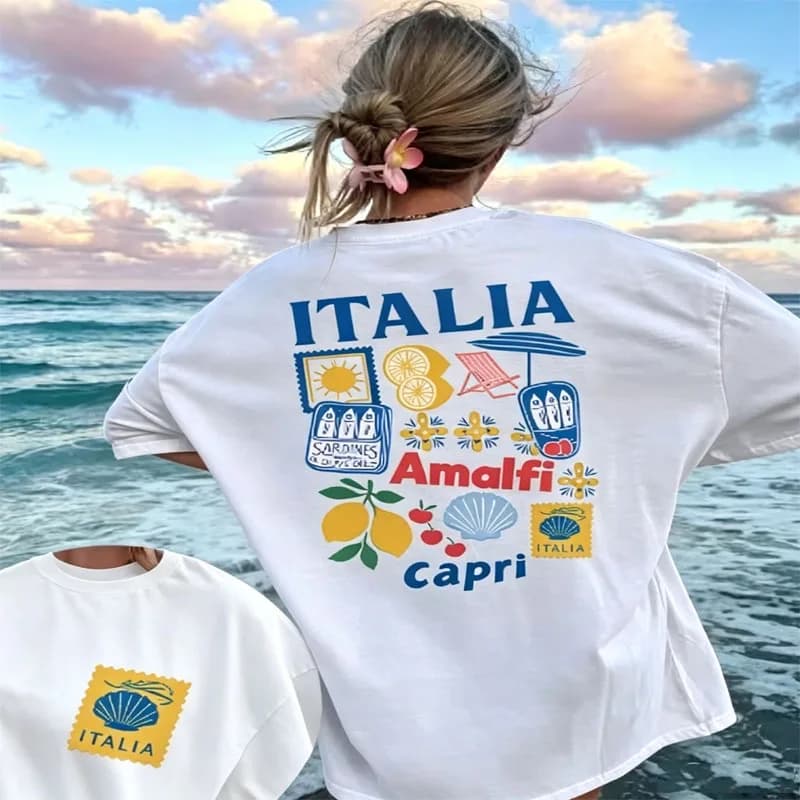 Women's High Quality Tee Italia Amalfi Capri Print T-Shirt Summer Vacation Casual Short Sleeve Funny Cartoon Top Girl Soft Shirt