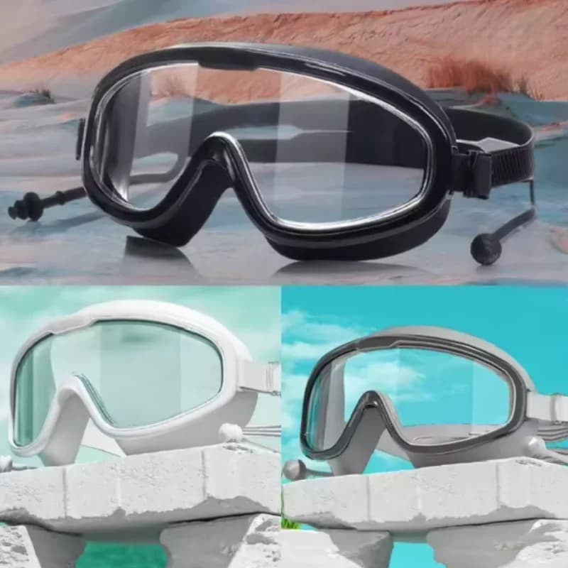 1 pair of swim glasses with big frame for adults/children with ear plugs, unisex, professional level, HD, anti-fog, silicone material