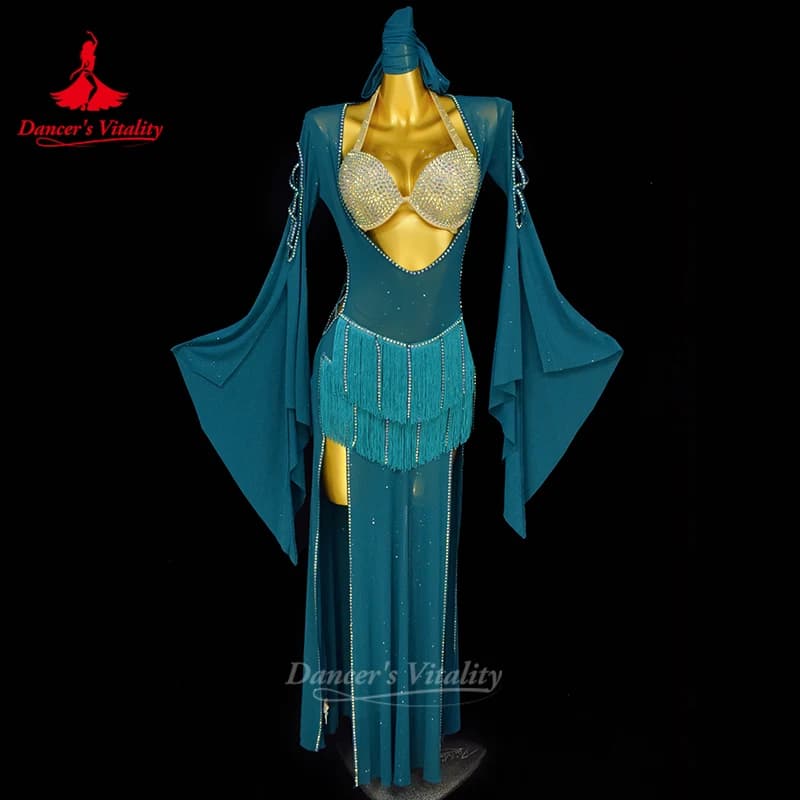 Dresses for dance performance of the belly for women Dress with sexy fringes + bra with AB stones for seniors + 3 pieces for adults Shaabi Balady Saidy Outfit